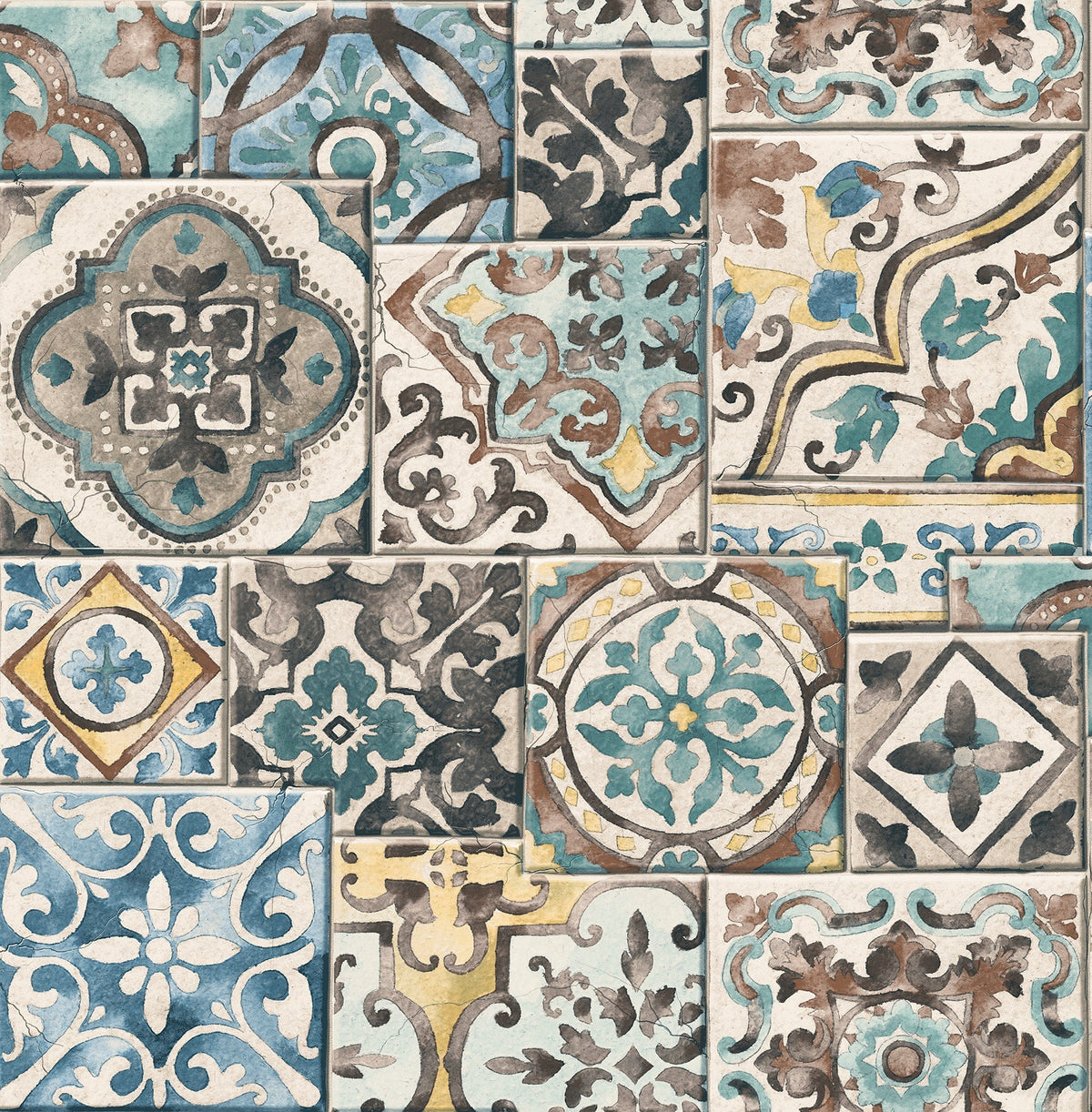 Introducing the Marrakesh Tiles Wallpaper by York Wallcoverings—a seamless mosaic featuring a collage of decorative ceramic tile designs in blue, gray, yellow, brown, and white. Each tile displays unique intricate patterns with floral motifs and geometric shapes for a vibrant, artful look.