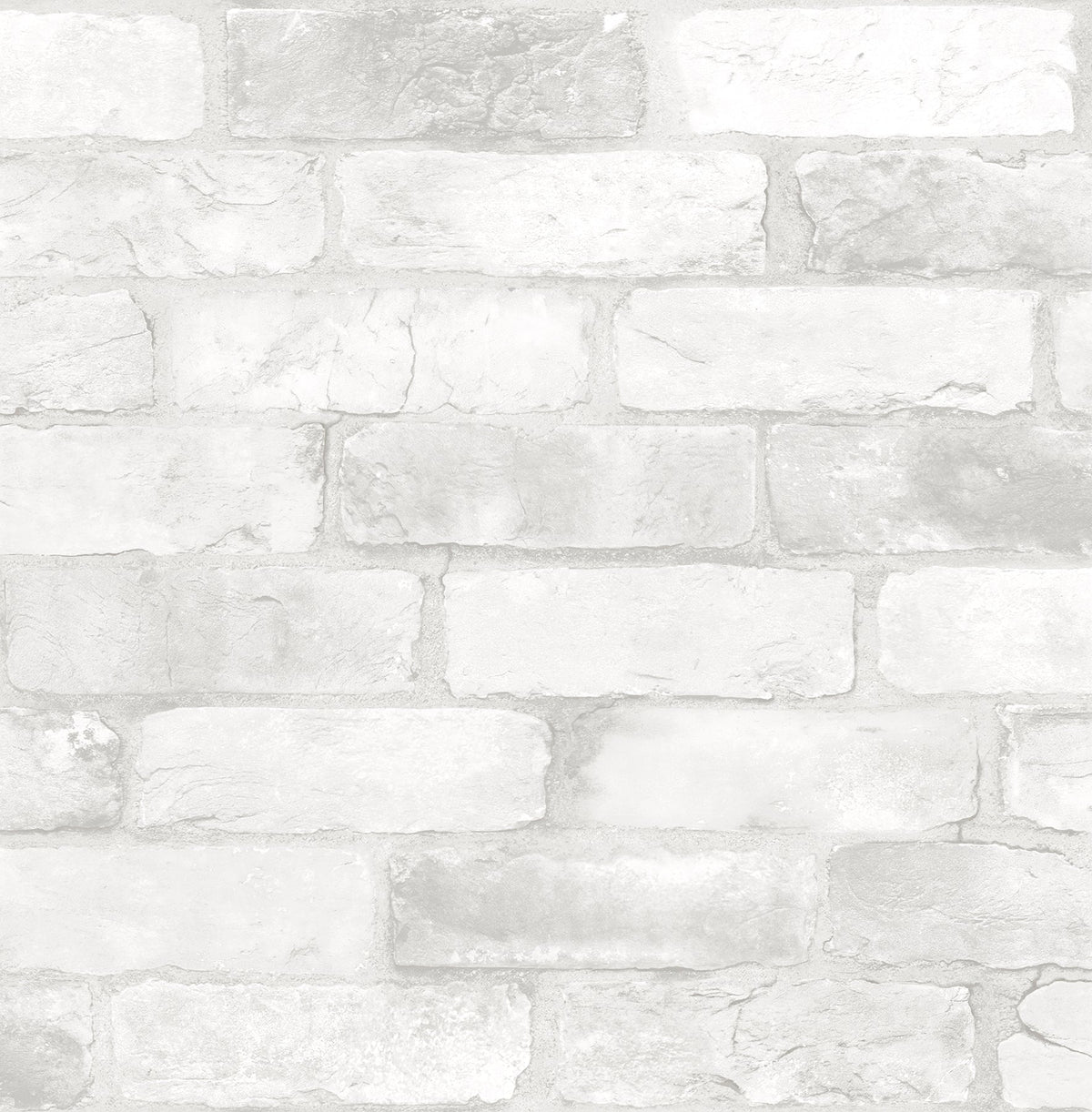 Rustin Reclaimed Bricks Wallpaper by York Wallcoverings features white and light gray bricks with a weathered, slightly rough texture and visible mortar lines in a staggered horizontal pattern.