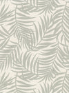 Lanai Fronds Wallpaper by York Wallcoverings features thin, curved gray-green palm leaves overlapping in a repeating pattern on a light beige background. This tropical and minimalist design brings movement and subtle texture to any space.