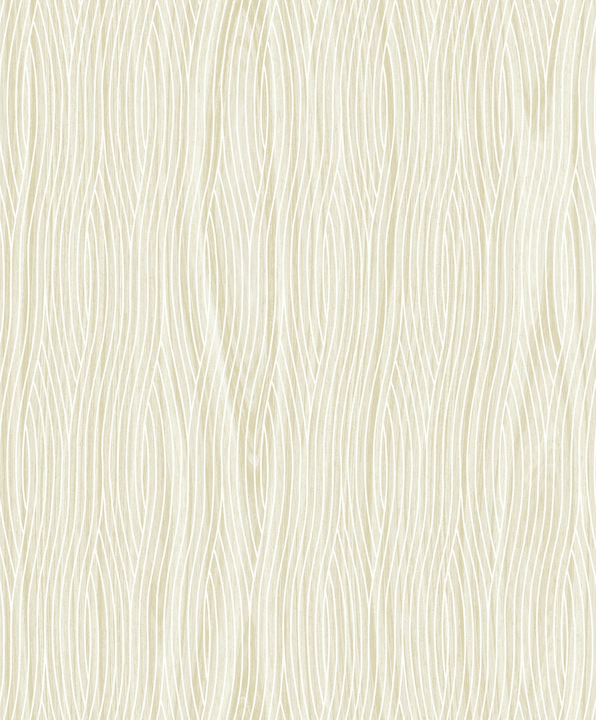 The Grayson Wallpaper by York Wallcoverings features an abstract beige and white pattern with wavy, vertical lines that evoke the look of flowing hair or wood grain, creating a natural, organic texture and a sense of gentle movement throughout the design.