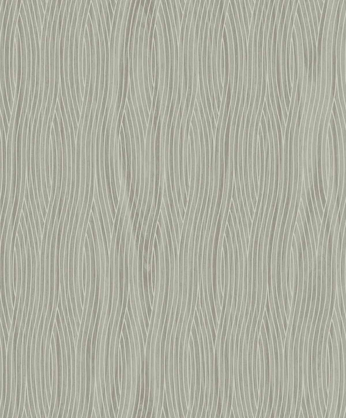 The Grayson Wallpaper by York Wallcoverings features a light grey pattern with wavy, vertical lines forming an abstract, flowing design. The intertwining lines repeat evenly across the wallpaper, creating a dynamic sense of movement against a subtly darker grey background.