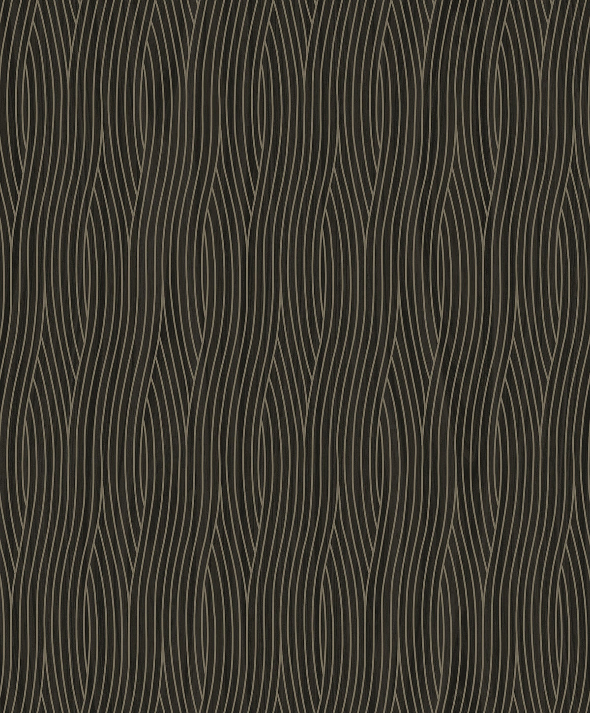The Grayson Wallpaper by York Wallcoverings features a seamless pattern of wavy, vertical beige lines set against a dark background, creating an abstract and flowing look. The intertwining lines form a repetitive, organic design that adds visual interest to any space.