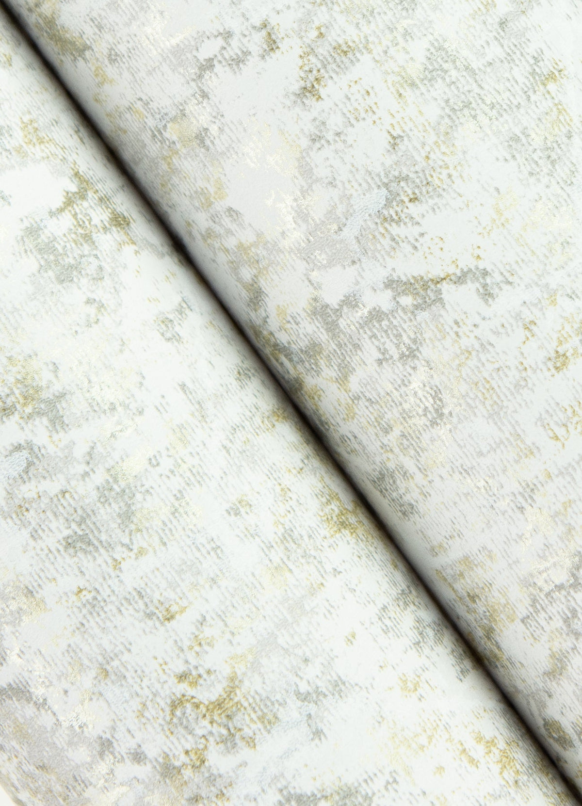 Close-up of two sheets of Hepworth Texture Wallpaper by York Wallcoverings, featuring a subtle marbled pattern in light gray, white, and hints of gold for an abstract and elegant look.
