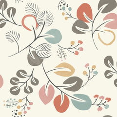 Jonah Leaf Trail Wallpaper by York Wallcoverings features a seamless pattern of abstract leaves and branches in muted shades of red, green, gold, and gray on a light beige background. This minimalist and artistic design offers a sophisticated touch to any space.
