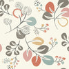 Transform your space with the Jonah Leaf Trail Wallpaper by York Wallcoverings, featuring a whimsical and organic abstract pattern of hand-drawn leaves and branches in pastel shades of red, teal, yellow, and brown set against a soft cream background for a modern touch.