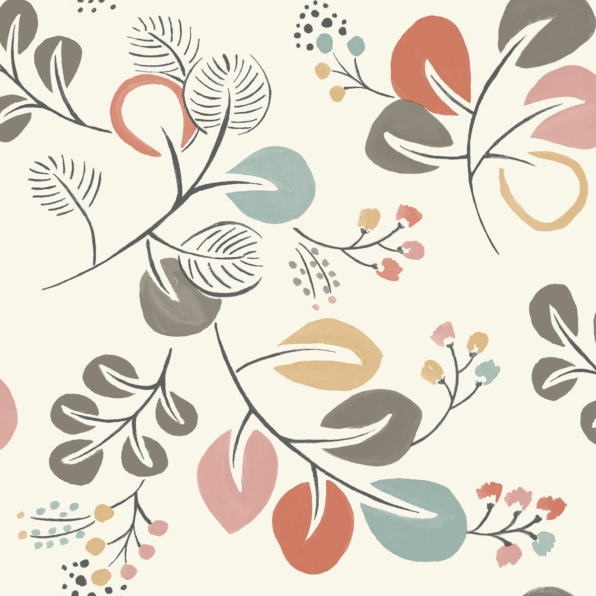 Transform your space with the Jonah Leaf Trail Wallpaper by York Wallcoverings, featuring a whimsical and organic abstract pattern of hand-drawn leaves and branches in pastel shades of red, teal, yellow, and brown set against a soft cream background for a modern touch.