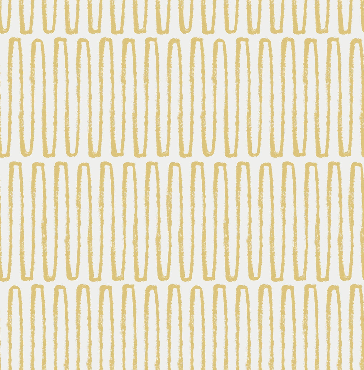 A series of repeating vertical yellow ovals creates a geometric pattern on a white background, with the ovals evenly arranged in straight rows for a simple, modern look. This is the Lars Retro Wave Wallpaper by York Wallcoverings.