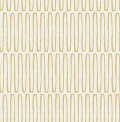 A series of repeating vertical yellow ovals creates a geometric pattern on a white background, with the ovals evenly arranged in straight rows for a simple, modern look. This is the Lars Retro Wave Wallpaper by York Wallcoverings.