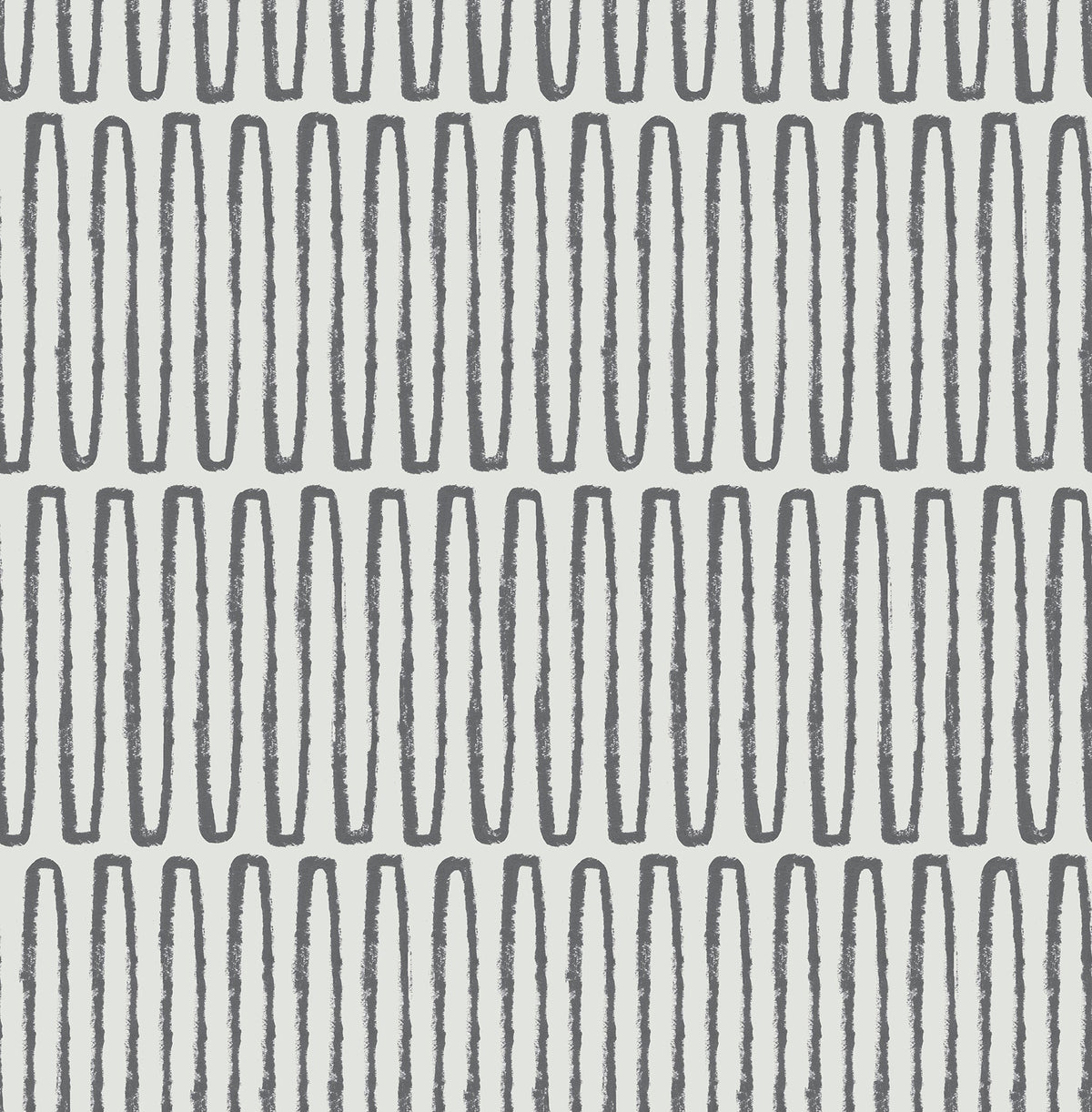 The Lars Retro Wave Wallpaper by York Wallcoverings features a repeating pattern of vertical, elongated oval shapes in dark gray, evenly spaced in rows and columns on a white background. The ovals exhibit a hand-drawn, slightly irregular appearance.