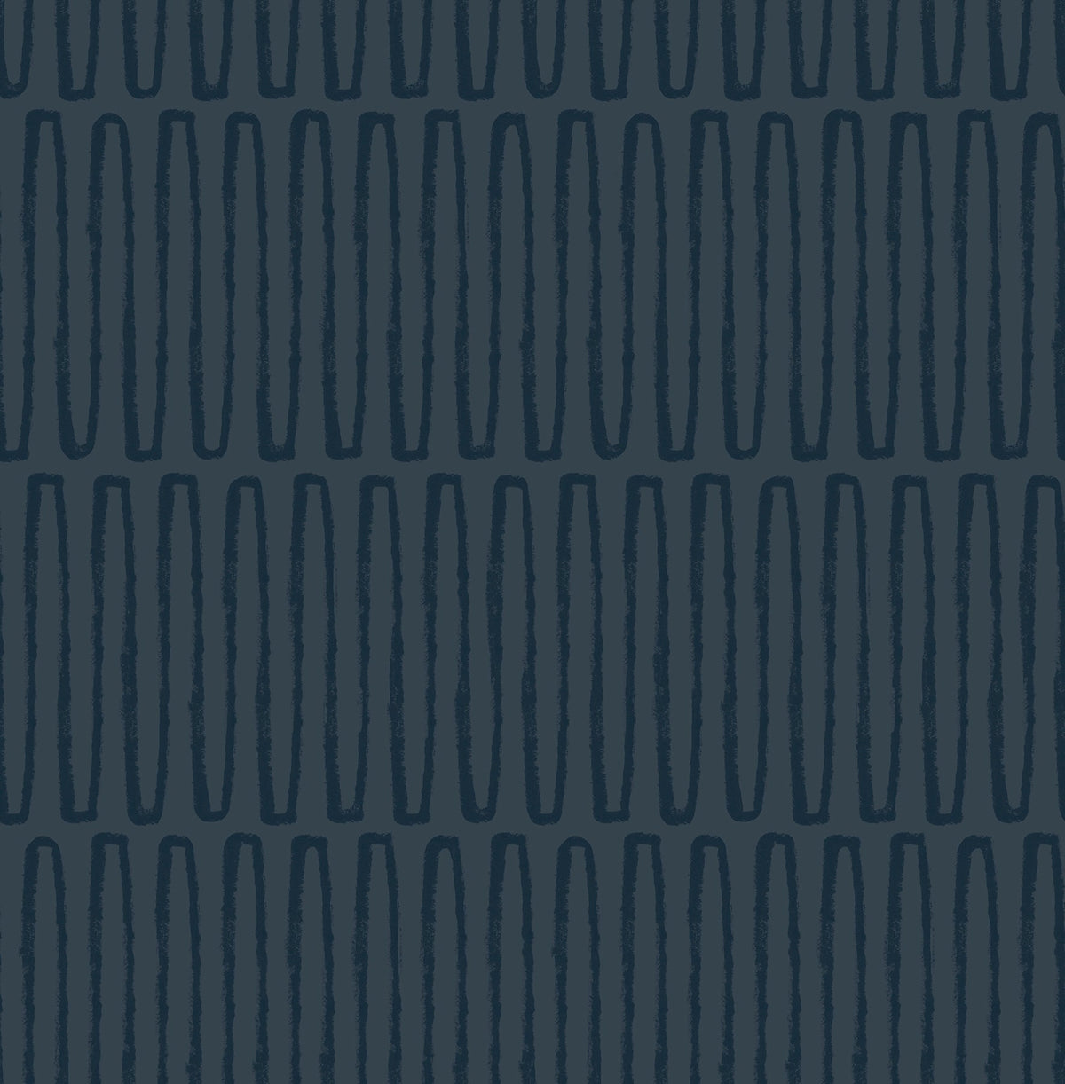 The Lars Retro Wave Wallpaper by York Wallcoverings features a dark blue pattern of vertical, elongated oval shapes arranged in evenly spaced rows and columns on a slightly lighter blue background, creating a subtle, modern, and repetitive geometric texture.