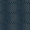 The Lars Retro Wave Wallpaper by York Wallcoverings features a dark blue background adorned with vertical rows of elongated oval shapes. Each shape is evenly spaced and outlined in a slightly lighter blue, creating a repeating geometric pattern.