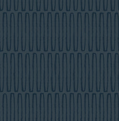 The Lars Retro Wave Wallpaper by York Wallcoverings features a dark blue background adorned with vertical rows of elongated oval shapes. Each shape is evenly spaced and outlined in a slightly lighter blue, creating a repeating geometric pattern.