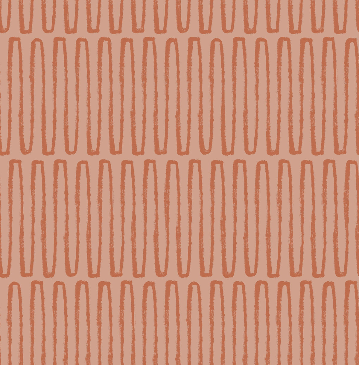 Lars Retro Wave Wallpaper by York Wallcoverings features a seamless pattern of vertical, oval-like reddish-orange lines displayed in evenly spaced horizontal rows against a light peach background.