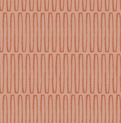 Lars Retro Wave Wallpaper by York Wallcoverings features a seamless pattern of vertical, oval-like reddish-orange lines displayed in evenly spaced horizontal rows against a light peach background.