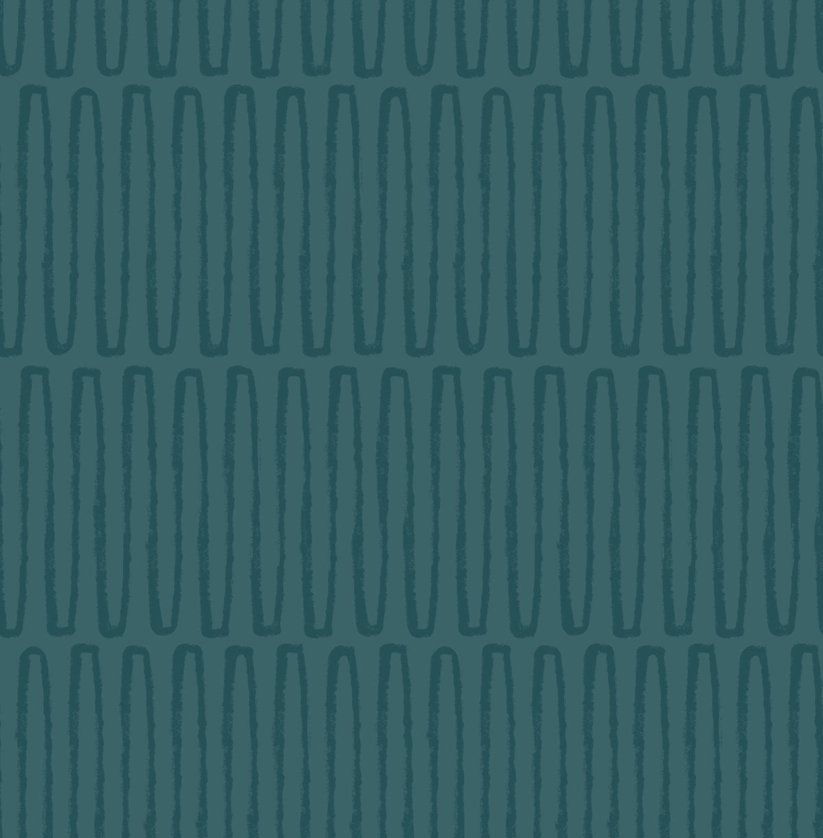 Lars Retro Wave Wallpaper by York Wallcoverings features a dark teal pattern of vertical, oval-like shapes arranged in evenly spaced rows and columns against a lighter teal background, creating a geometric, textured look.