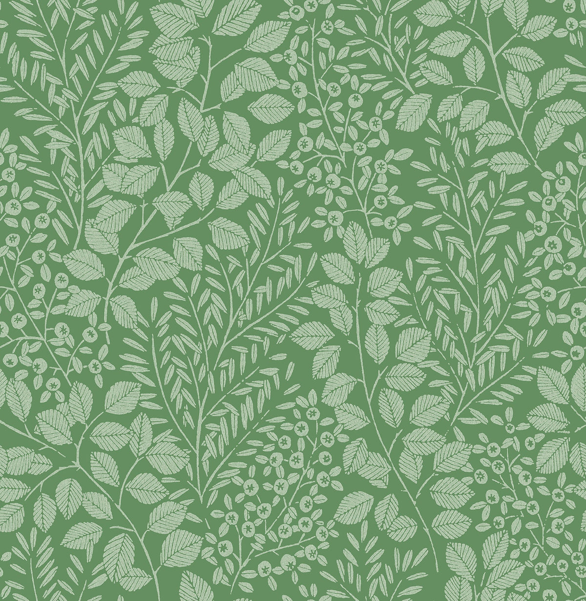 The Elin Berry Botanical Wallpaper by York Wallcoverings features a detailed white botanical pattern of leaves, branches, and berries densely arranged on a green background. This design creates a richly textured, natural look reminiscent of vintage botanical prints.