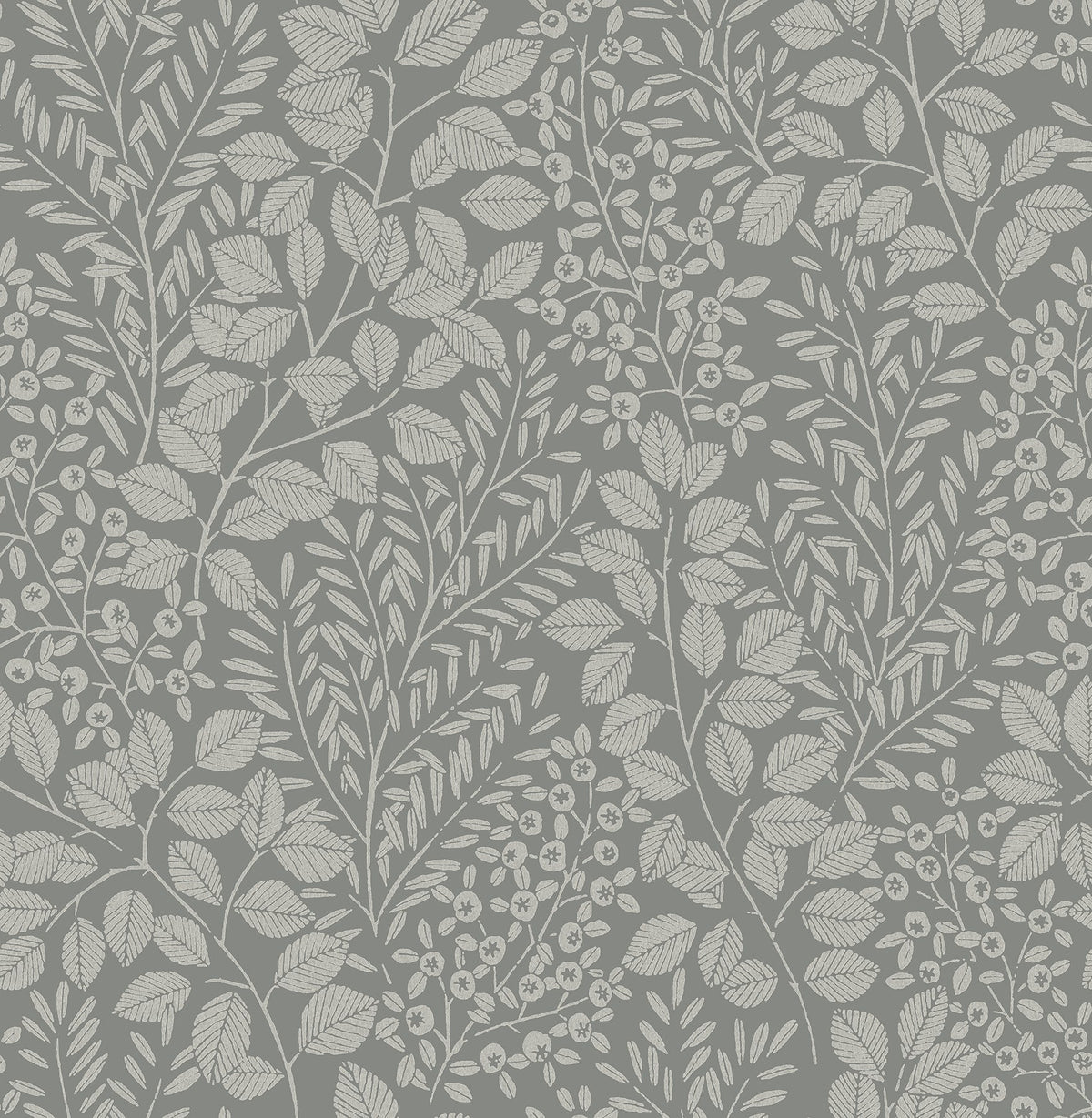 Introducing the Elin Berry Botanical Wallpaper by York Wallcoverings, featuring a seamless and elegant nature-inspired design with white leaves, branches, and berries set against a gray background.