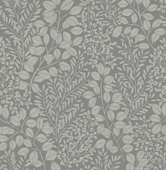 The Elin Berry Botanical Wallpaper by York Wallcoverings features a seamless, elegant design of white leaves and berries set against a gray background, creating a natural botanical pattern.