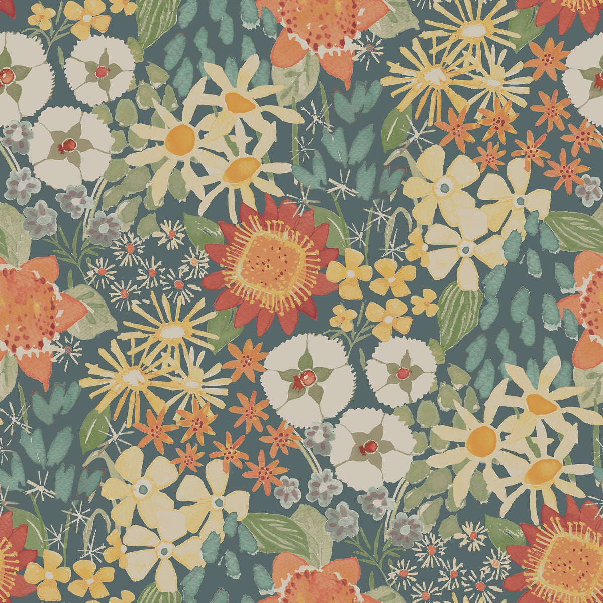 The Karina Wildflower Garden Wallpaper by York Wallcoverings features a vibrant and lively botanical design with colorful hand-painted flowers in shades of orange, yellow, and white, complemented by green leaves on a dark blue background.