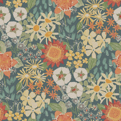 Discover the Karina Wildflower Garden Wallpaper by York Wallcoverings, featuring a seamless pattern of colorful, hand-drawn red, orange, yellow, and white blooms with green leaves arranged closely together on a dark background.