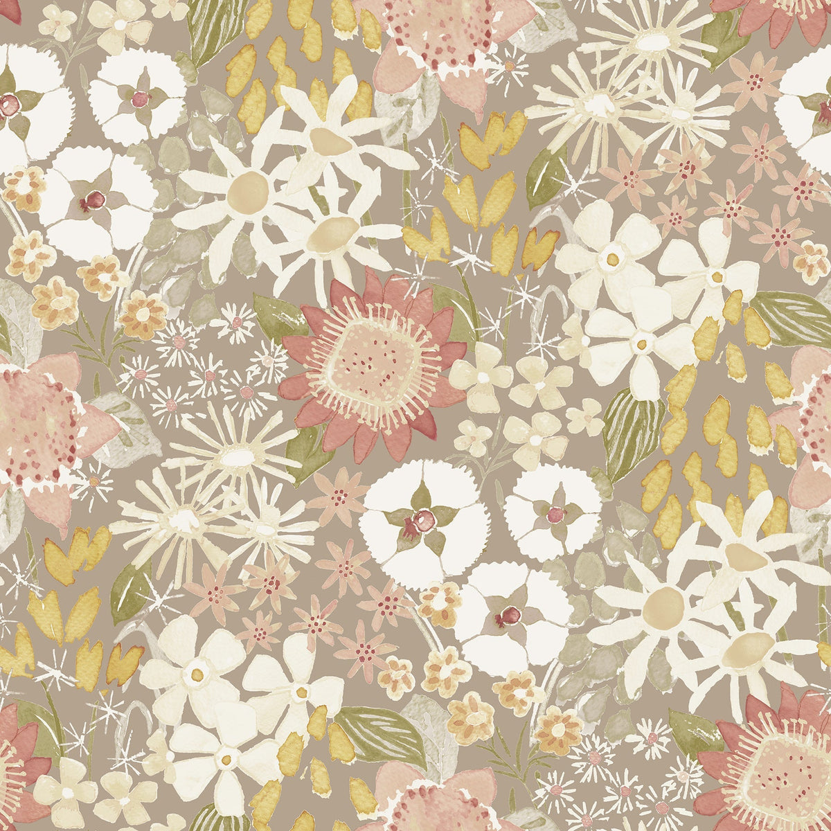 Karina Wildflower Garden Wallpaper by York Wallcoverings features a vintage botanical design with a seamless pattern of hand-drawn flowers and leaves in muted pink, cream, yellow, and green tones on a taupe background.