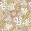 Introducing the Karina Wildflower Garden Wallpaper by York Wallcoverings, featuring a seamless pattern of hand-drawn white, cream, and blush pink flowers complemented by yellow leaves and green foliage on a taupe background. This design showcases a soft, vintage aesthetic with a textured watercolor finish.