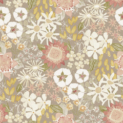 Introducing the Karina Wildflower Garden Wallpaper by York Wallcoverings, featuring a seamless pattern of hand-drawn white, cream, and blush pink flowers complemented by yellow leaves and green foliage on a taupe background. This design showcases a soft, vintage aesthetic with a textured watercolor finish.