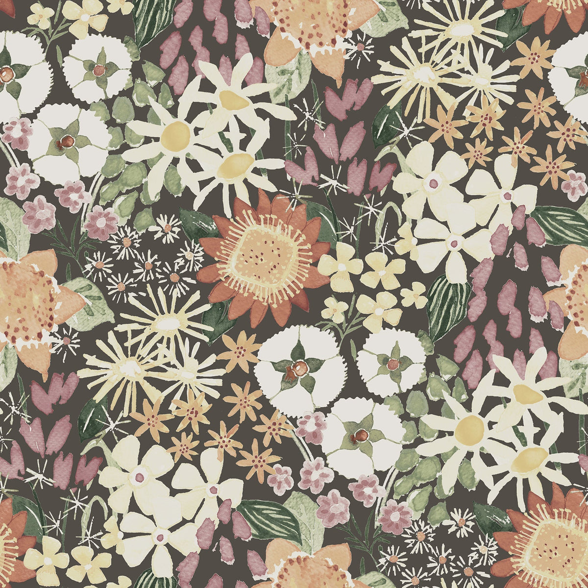 Introducing the Karina Wildflower Garden Wallpaper by York Wallcoverings, featuring a seamless design of hand-painted flowers and leaves in white, yellow, orange, and green hues set against a dark background.