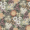 Karina Wildflower Garden Wallpaper by York Wallcoverings features a seamless pattern of watercolor-style wildflowers and leaves in soft pastel shades of white, yellow, orange, pink, and green set against a dark background.