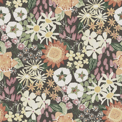 Karina Wildflower Garden Wallpaper by York Wallcoverings features a seamless pattern of watercolor-style wildflowers and leaves in soft pastel shades of white, yellow, orange, pink, and green set against a dark background.