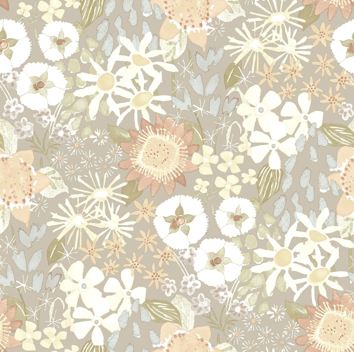 The Karina Wildflower Garden Wallpaper by York Wallcoverings features a seamless pattern of hand-drawn flowers and leaves in soft beige, cream, brown, and pale green tones, creating a delicate and vintage botanical design.