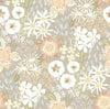 Karina Wildflower Garden Wallpaper by York Wallcoverings features a seamless pattern of hand-drawn flowers and leaves in soft pastel shades of beige, cream, yellow, and pale green, creating a delicate, vintage-inspired floral design.