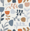 Juni Abstract Tulips Wallpaper by York Wallcoverings features a modern, minimalist design with stylized tulip flowers and leaves in muted blue, orange, beige, and brown on a crisp white background.