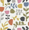 The Juni Abstract Tulips Wallpaper by York Wallcoverings features a playful, modern pattern of colorful abstract tulip shapes and leaves in shades of red, blue, yellow, green, pink, gray, and black scattered across a crisp white background.