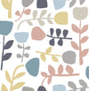 The Juni Abstract Tulips Wallpaper by York Wallcoverings features a simple, playful design of hand-drawn, stylized tulip and leaf shapes in pastel shades of blue, pink, yellow, gray, and beige on a crisp white background.