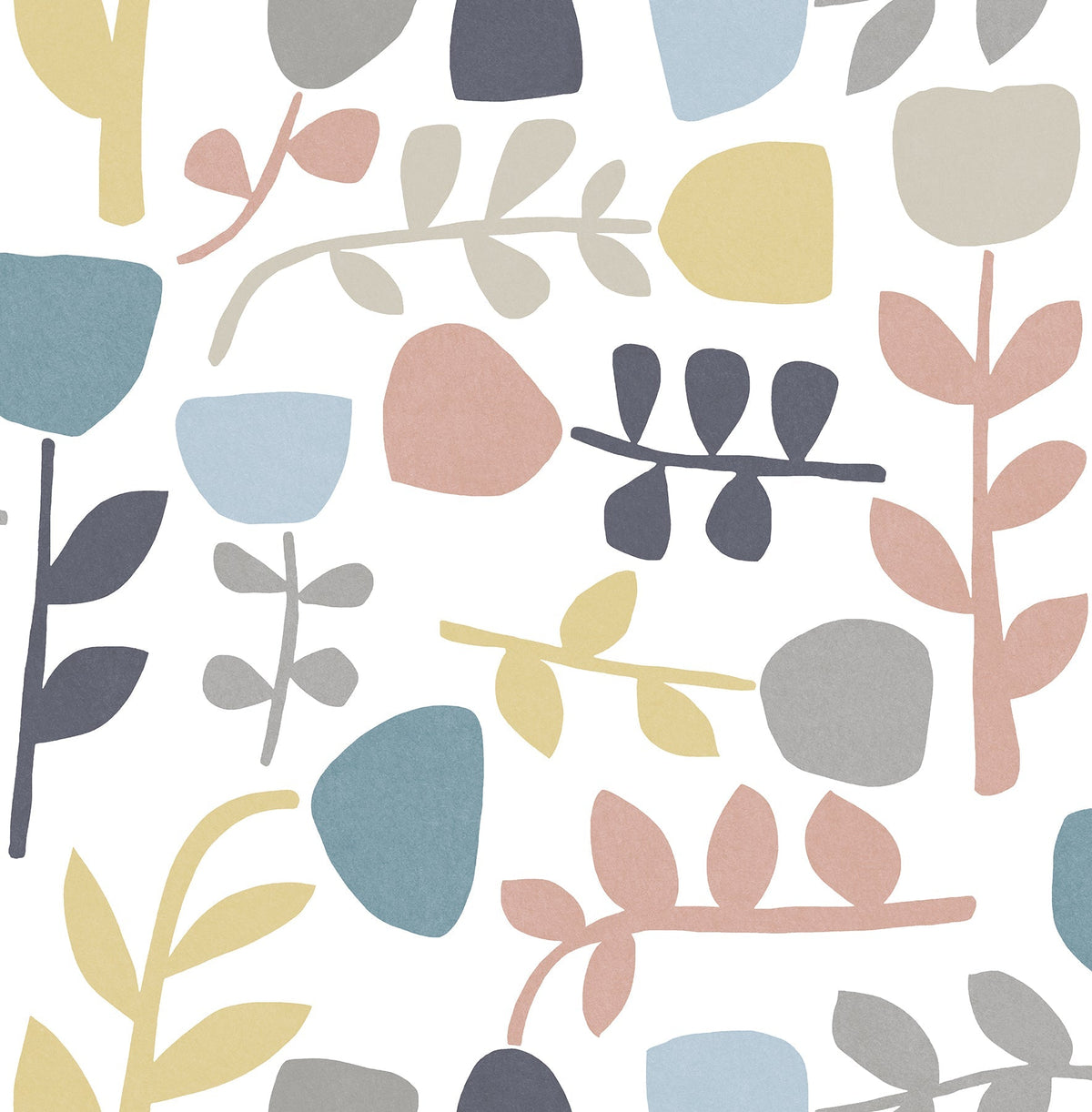 The Juni Abstract Tulips Wallpaper by York Wallcoverings features a simple, playful design of hand-drawn, stylized tulip and leaf shapes in pastel shades of blue, pink, yellow, gray, and beige on a crisp white background.
