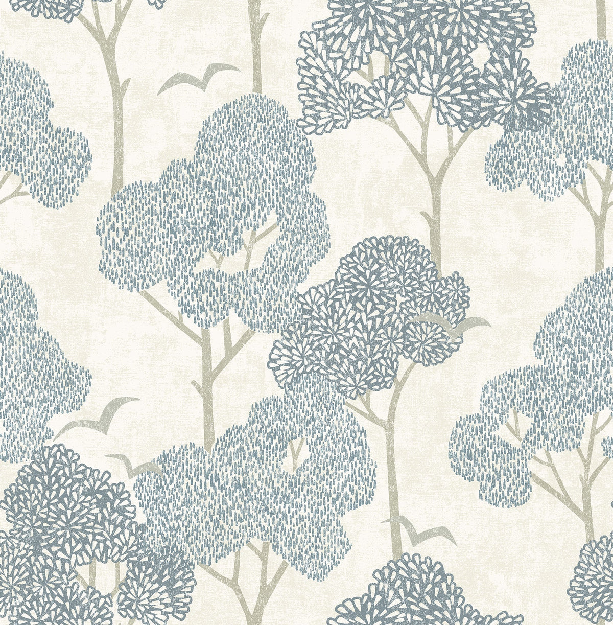 Lykke Textured Tree Wallpaper by York Wallcoverings features blue and gray stylized trees with beige branches and two small birds set against a light cream background, creating a calm, nature-inspired atmosphere.