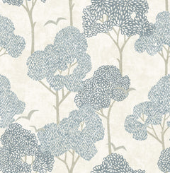 Lykke Textured Tree Wallpaper by York Wallcoverings features blue and gray stylized trees with beige branches and two small birds set against a light cream background, creating a calm, nature-inspired atmosphere.