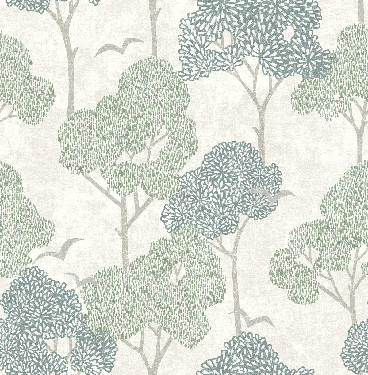 Lykke Textured Tree Wallpaper by York Wallcoverings features a simple, nature-inspired design with green and blue stylized trees, gray branches, and subtle bird shapes on a light beige background.