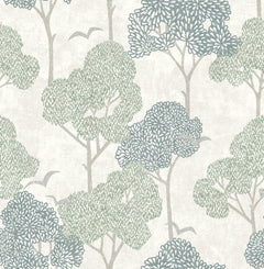 Lykke Textured Tree Wallpaper by York Wallcoverings features a simple, nature-inspired design with green and blue stylized trees, gray branches, and subtle bird shapes on a light beige background.