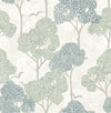 Lykke Textured Tree Wallpaper by York Wallcoverings showcases stylized trees in green and blue tones on a light beige background, accented with minimalist birds flying between the branches.