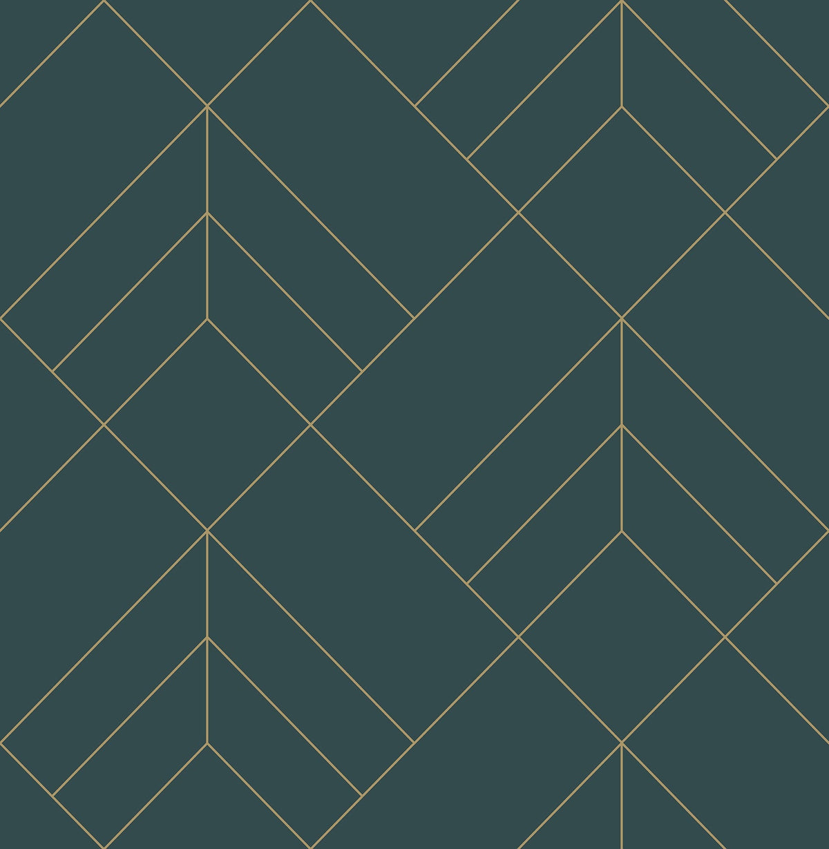 The Sander Geometric Wallpaper by York Wallcoverings features a dark teal background adorned with thin, intersecting gold lines that create symmetrical, repeating geometric patterns—including diamonds, chevrons, and triangles.