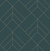 The Sander Geometric Wallpaper by York Wallcoverings features a symmetrical, repeating pattern of thin gold lines forming diamonds, triangles, and chevrons on a dark teal background, creating an abstract and modern effect.