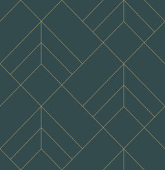The Sander Geometric Wallpaper by York Wallcoverings features a symmetrical, repeating pattern of thin gold lines forming diamonds, triangles, and chevrons on a dark teal background, creating an abstract and modern effect.