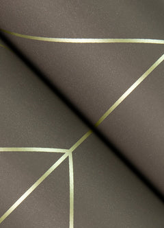 A close-up of the Sander Geometric Wallpaper by York Wallcoverings showcases metallic gold lines intersecting across a matte brown surface, forming striking angular shapes and modern abstract patterns.