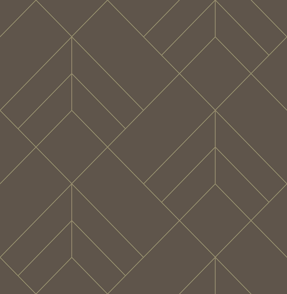 The Sander Geometric Wallpaper by York Wallcoverings features a repeating, symmetrical design of intersecting thin yellow lines forming diamonds and chevrons against a dark brown background.