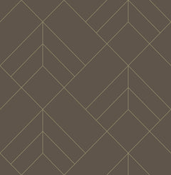 The Sander Geometric Wallpaper by York Wallcoverings features a repeating, symmetrical design of intersecting thin yellow lines forming diamonds and chevrons against a dark brown background.