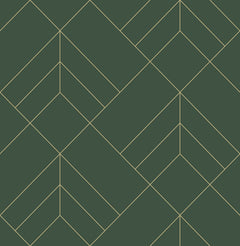 The Sander Geometric Wallpaper by York Wallcoverings features a repeating, abstract geometric pattern of thin, light yellow lines forming angular, interlocking shapes on a dark green background, creating a symmetrical and visually striking effect.