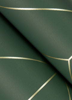 Transform your space with Sander Geometric Wallpaper by York Wallcoverings, featuring a dark green background adorned with thin, intersecting gold lines that create elegant geometric shapes. Displayed in overlapping layers, the wallpaper reveals a subtle shadow effect for added depth.