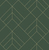 The Sander Geometric Wallpaper by York Wallcoverings features a dark green background adorned with a repeating, symmetrical arrangement of intersecting thin yellow lines that create diamonds, chevrons, and triangular geometric patterns.